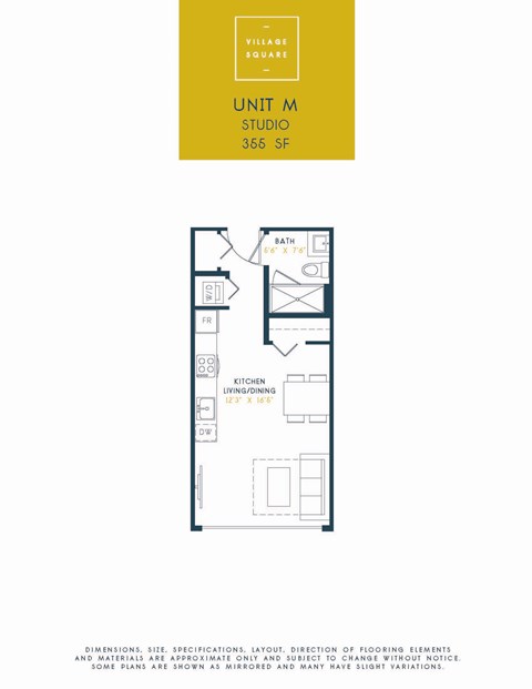 Floor plan for studio, 1 bath, 539 sqft